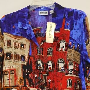Chico's Blue, Red & Tan Illustrated Cityscape Button-Down Shirt